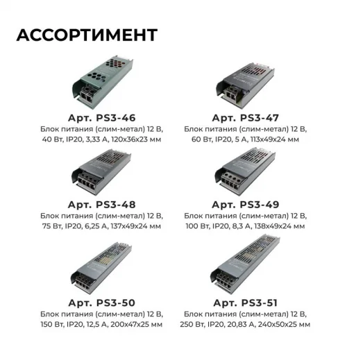 Блок питания 12В 60Вт 5 А IP20 113х49х24мм OGM PS3-47