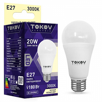 TKE-A60-E27-20-3K Лампа светодиодная 20Вт А60 3000К Е27 176-264В TOKOV ELECTRIC 