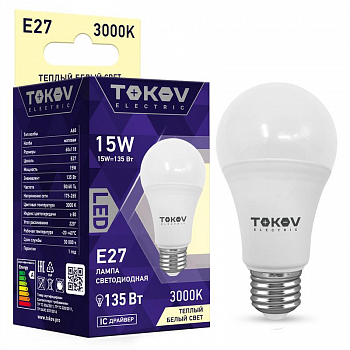 TKE-A60-E27-15-3K Лампа светодиодная 15Вт А60 3000К Е27 176-264В TOKOV ELECTRIC 
