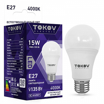 TKE-A60-E27-15-4K Лампа светодиодная 15Вт А60 4000К Е27 176-264В TOKOV ELECTRIC 