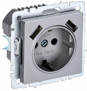 BR-R14-16-U21-D31-K47 Розетка BRITE РЮш10-2-БрА 16А с USB A+A 3.1А с заземл. защ. шторки алюм. IEK 