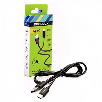 15094 Кабель USB ELX-CDC02-C02 USB-Type C 3А 1.2м зарядка+передача данных коробка черн. ERGOLUX 