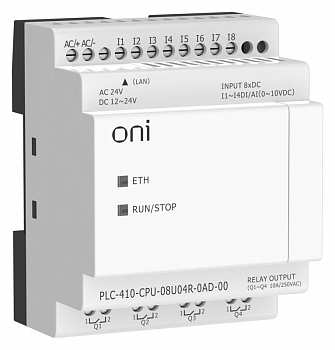 Модуль ЦПУ ПЛК 410 4 DI 4 UI (0-10 В/DI) 4 RO 12В-24В DC или 24В AC с Ethernet портом без экрана ONI PLC-410-CPU-08U04R-0AD-00