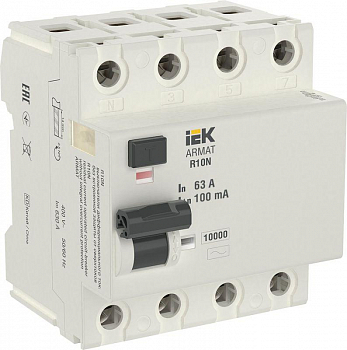 AR-R10N-4-063C100 Выключатель дифференциального тока 4п 63А 100мА тип AC ВДТ R10N ARMAT IEK 