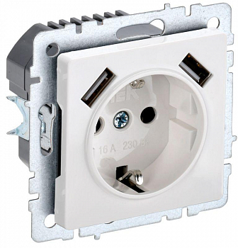 BR-R14-16-U21-D31-K01 Розетка BRITE РЮш10-2-БрБ 16А с USB A+A 3.1А с заземл. защ. шторки бел. IEK 